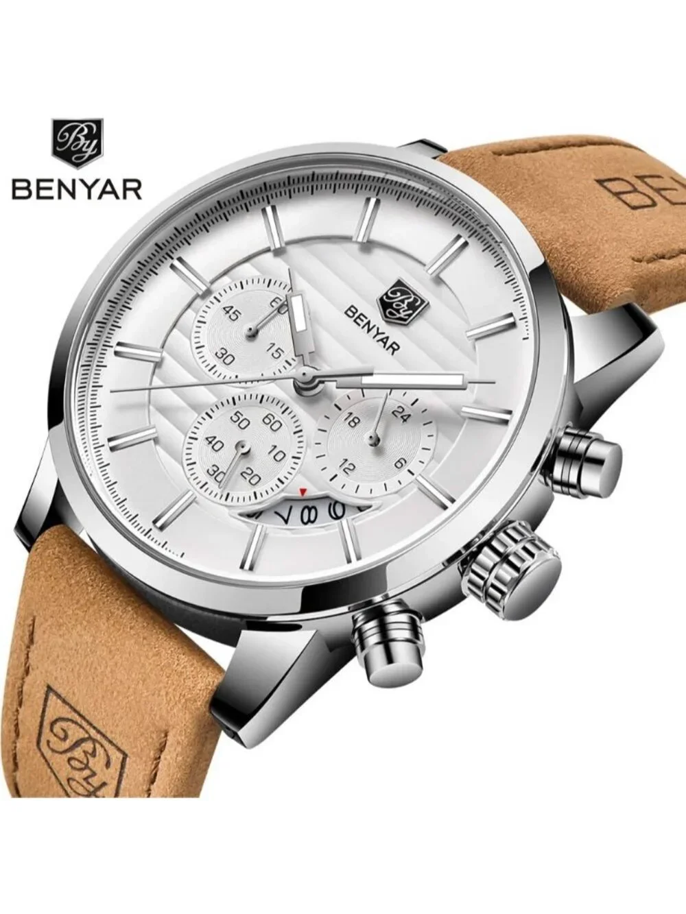 Men's Brown White Analog Quartz Leather Strap Chronograph Waterproof Wrist Watch